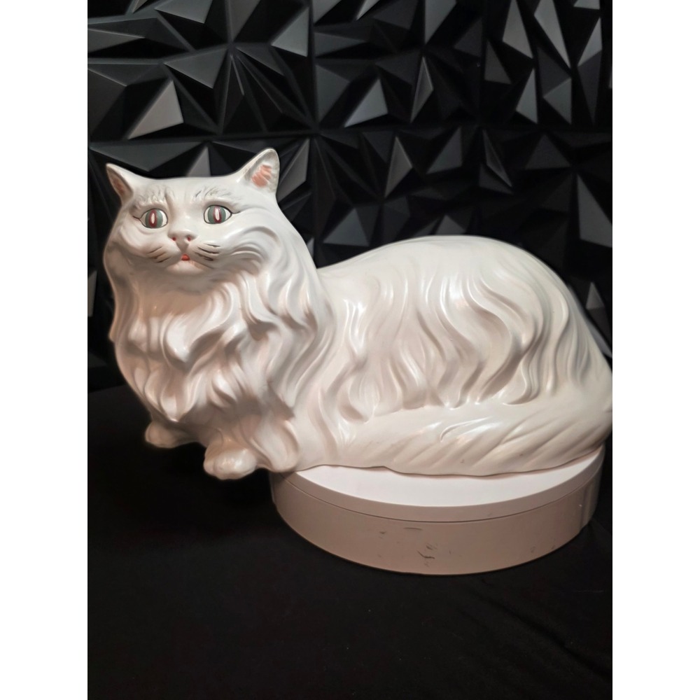 Vintage Large 16" White Ceramic Persian Cat Figurine Statue Green Eyes Reclining